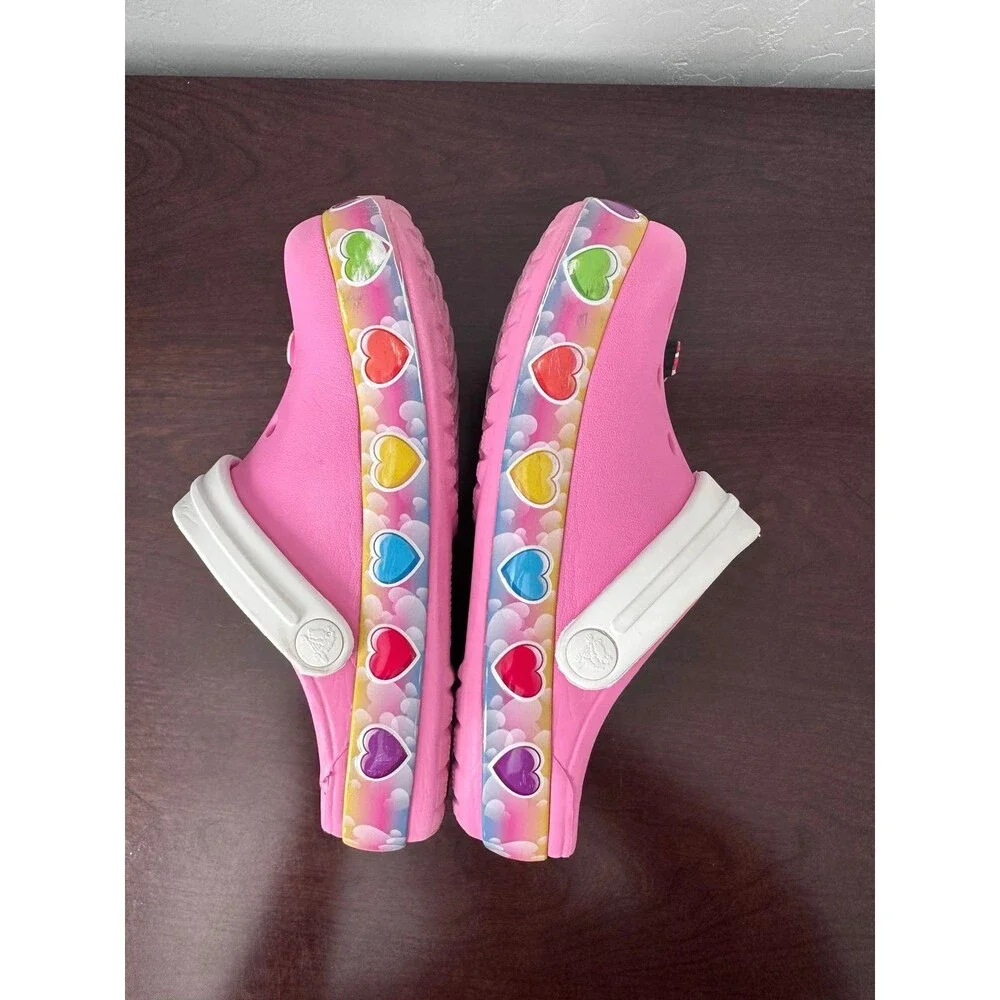 Crocs J1 Kids Pink Unicorn Rainbow Hearts Clogs Jibbitz Shoes Good Condition
